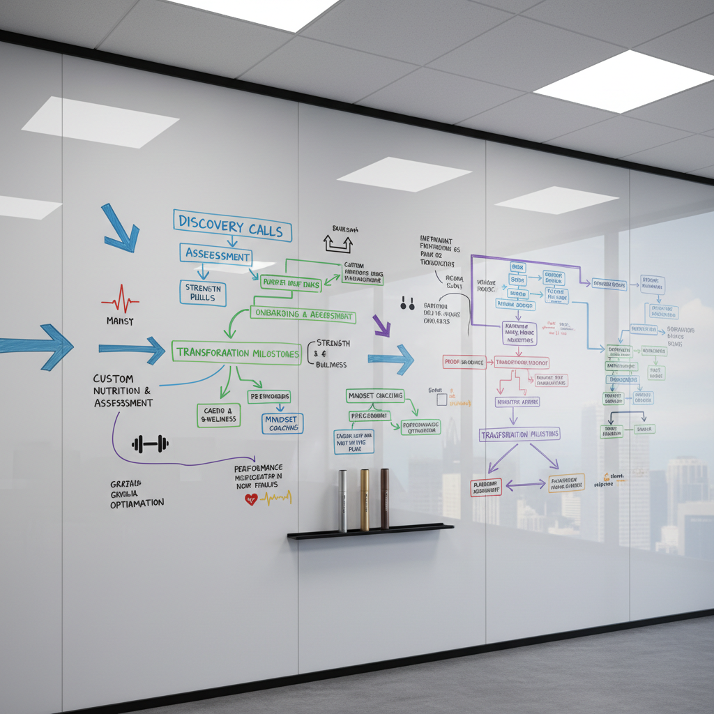 An immaculate whiteboard wall in a modern, glass-enclosed office, densely but neatly covered with color-coded diagrams outlining a high-ticket client journey: arrows indicating discovery calls, onboarding, and transformation milestones, interspersed with small icons of dumbbells, heart-rate lines, and progress bars. A matte-black marker tray below holds only a few premium metallic markers, arranged in perfect alignment. Overhead recessed LED lighting casts even, crisp illumination, while a faint reflection of a blurred cityscape appears in the glass opposite. Photographic realism, wide-angle composition with sharp focus throughout, conveys a strategic, analytical mood and the methodical planning behind selling high-value fitness and coaching transformations.